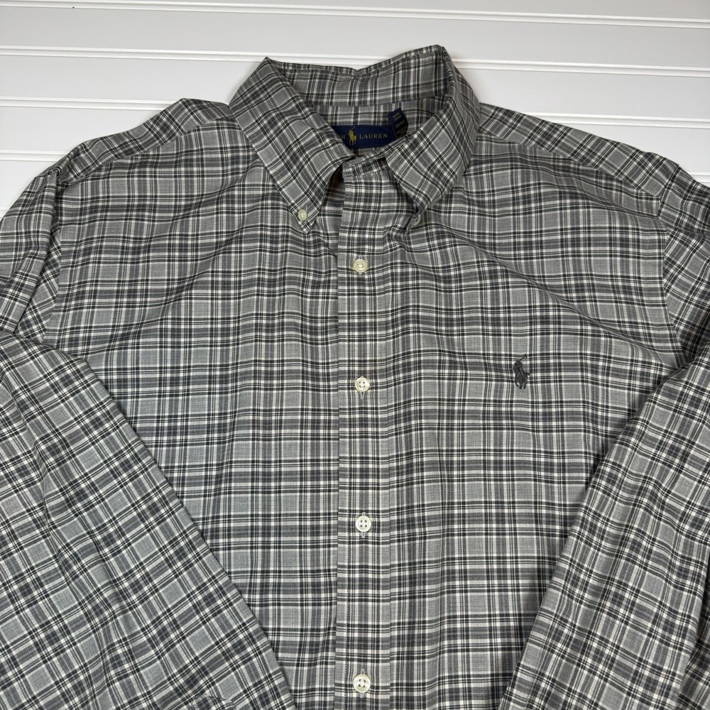 Ralph Lauren Cotton Button Up Long Sleeve‎ Shirt Men's XL Gray Black Plaid GUC